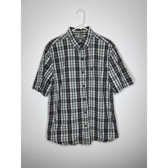 Carhartt Relaxed Fit Blue Grey Yellow Plaid Short Sleeve Button Shirt Men's L - Picture 1 of 16